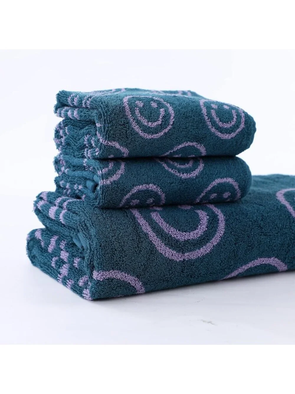Soft 100% Cotton Luxury Smiley Face Bath Towel Set - Purple & Green Washcloths